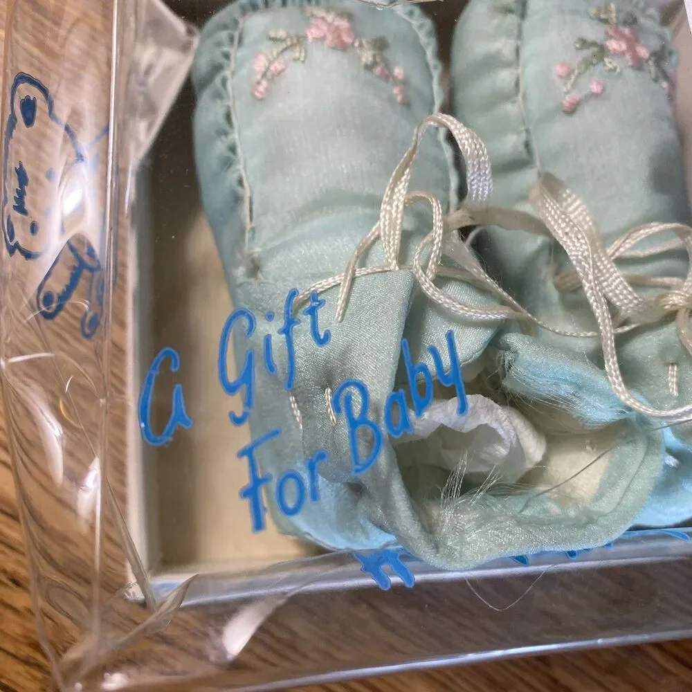 Vintage Hand Made Baby Booties Floral Embroidered Blue/Green Lace Up